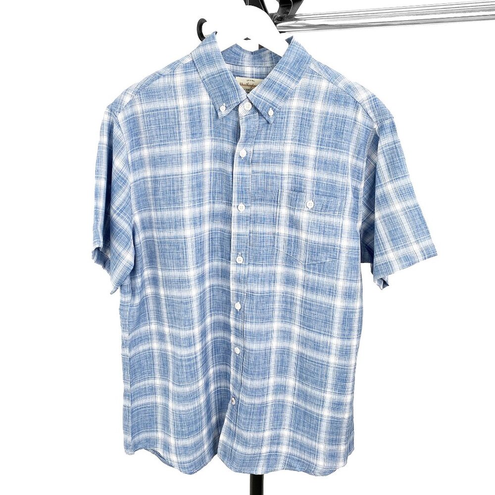 Weatherproof Men's Blue Plaid Short Sleeve Casual Button Down Shirt - Size Large